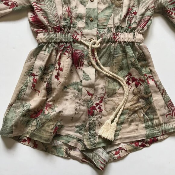 Zimmermann Aliane Floral Romper Womens 1 Small Green Short Sleeve Linen Belted - Picture 11 of 13